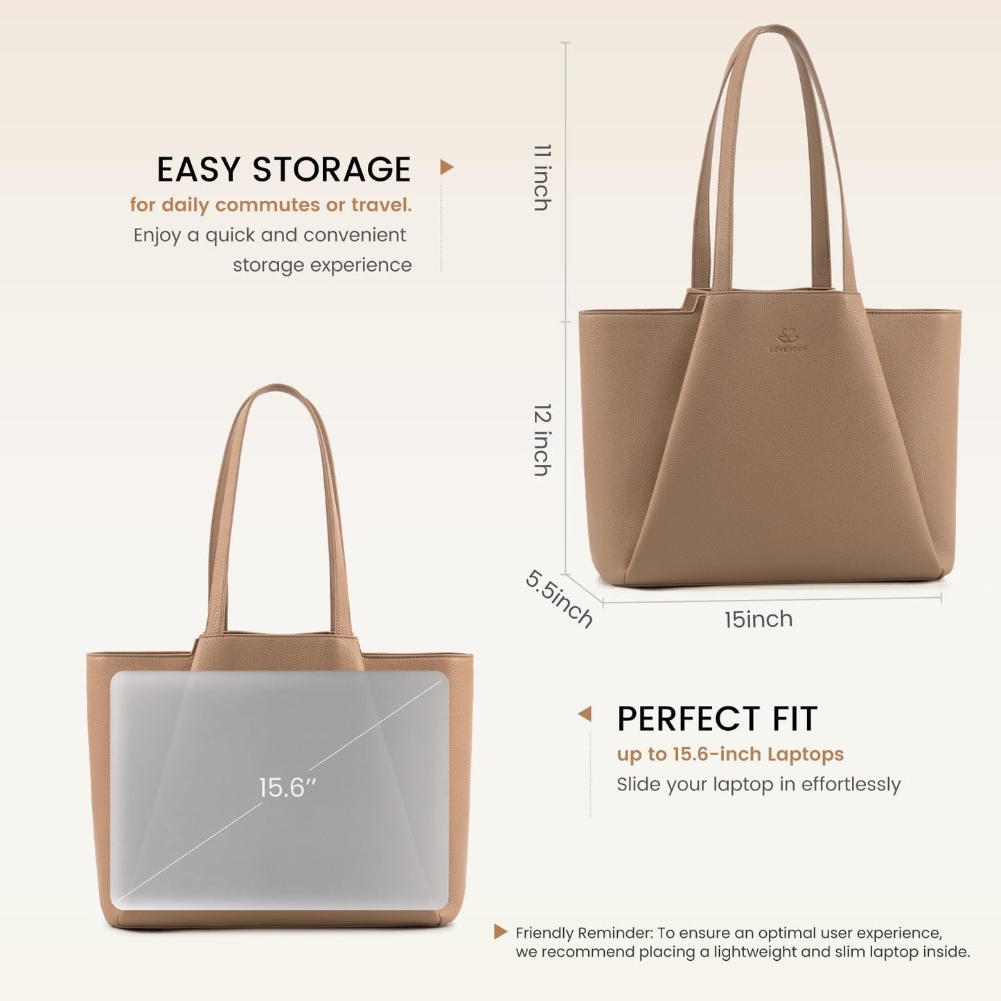 LOVEVOOK Laptop Tote for Women - 15.6 Inch Faux Leather Laptop Bag with Clutch, Large Capacity Office Purse Computer Briefcase for Casual Business Travel,Apricot