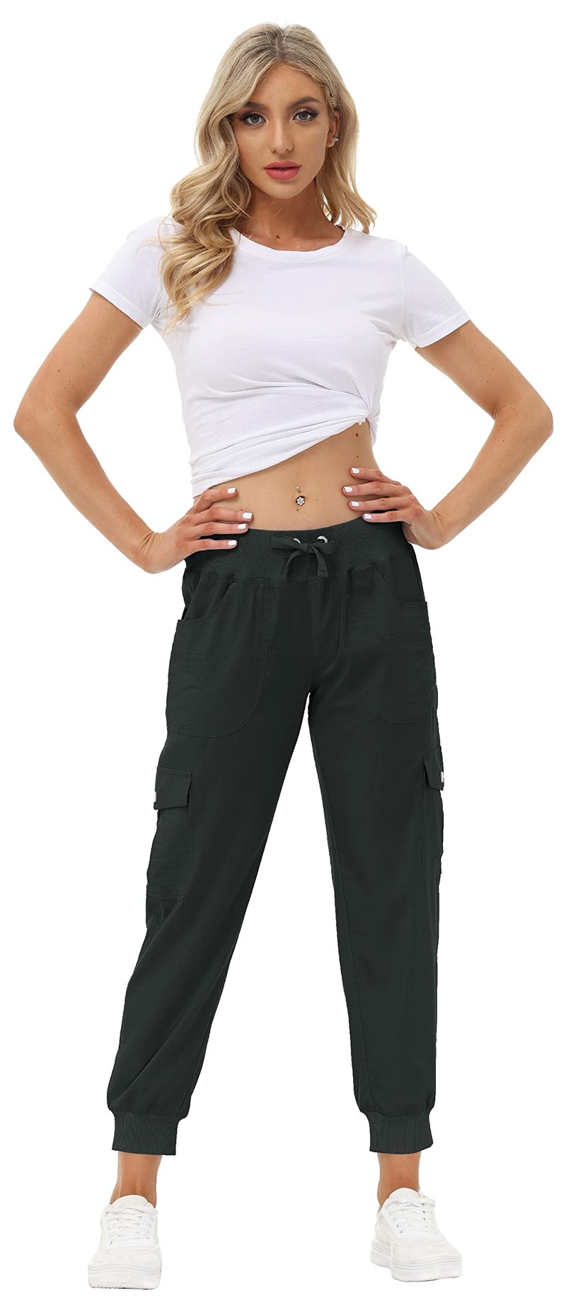 MoFiz Women Cargo Pants with Pockets Lightweight Outdoor Summer Travel Casual Hiking Pants Running Joggers Sweatpants Elastic Waist Dark Grey L