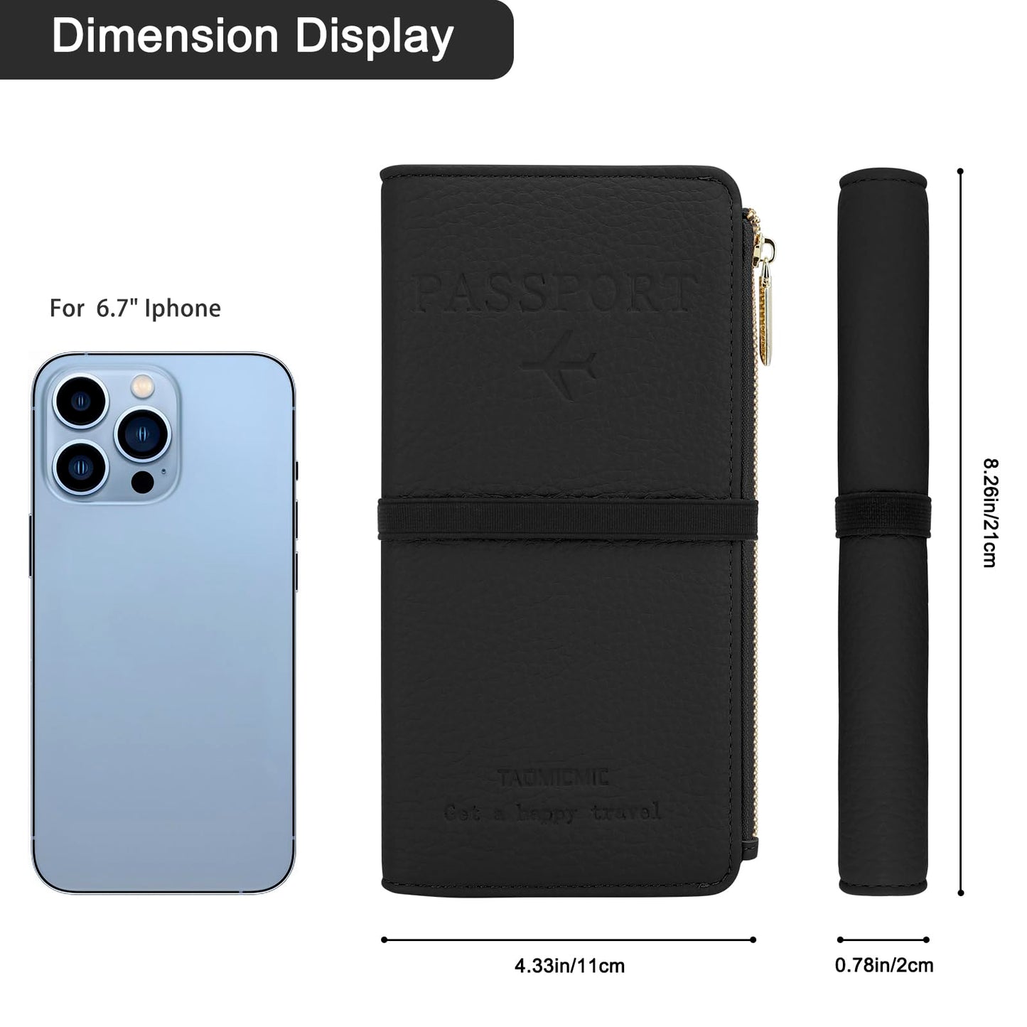 DOB SECHS Passport Holder for Travel Women Leather Passport Wallet RFID Blocking Passport Cover Case with Card Slots, Slim Travel Document Organizer Pouch Bag Zipper Cash Pocket Purse+ID Window, Black