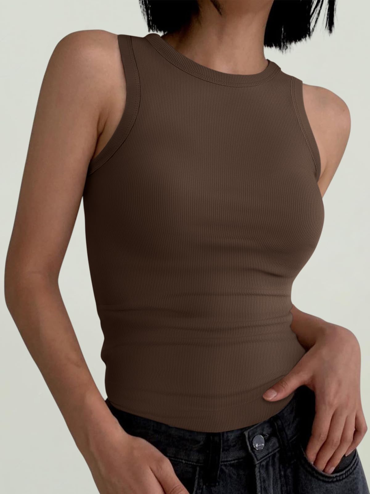 ANRABESS Womens Sleeveless High Neck Tank Tops Fashion Summer Casual Basic Slim Fit Ribbed Racerback Top Shirt Clothes Brown-X-Small