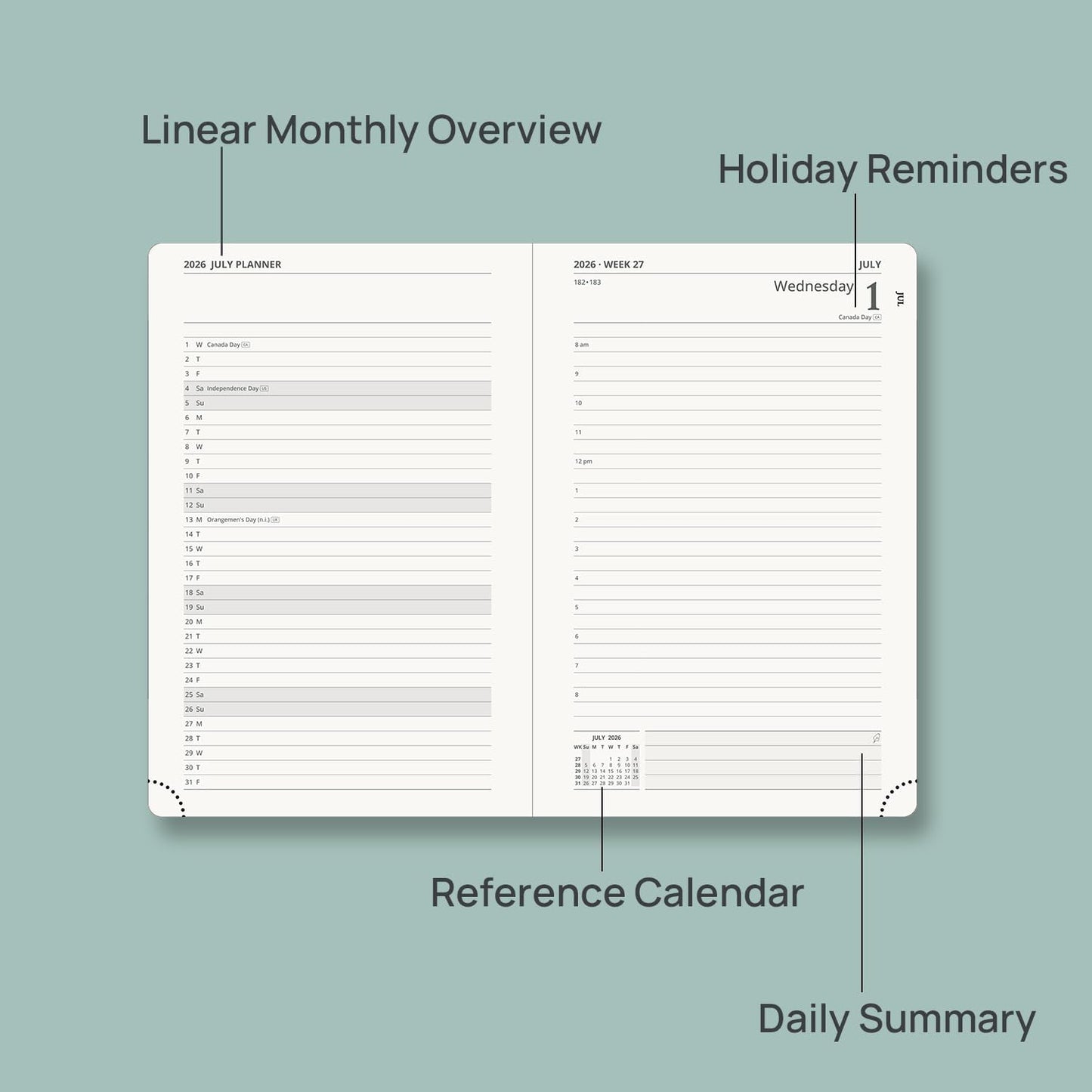 POPRUN 2026-2027 Daily Planner One Page Per Day (Medium - 5.75" x 8.5") - Academic Calendar Book(July 2026 - June 2027), 2026 Day Appointment Book with Pen Holder, Hardcover - Pacific Green