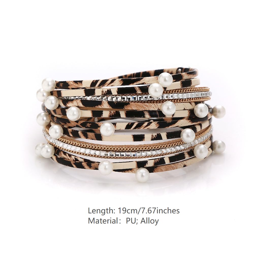 Leopard Print Color Multi-layer PU Leather Bracelet Versatile Women's Jewelry Horsehair Leather Bracelet Gifts for Women for Women (Pearl)