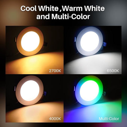 Peteme LED Smart Recessed Lighting 4 Inch Recessed Light IC Rated ETL Certified, Peteme Canless Ceiling Light RGBCW Color Changing Outdoor Soffit Downlight with J-Box for Alexa, 10W 800LM 6Pcs