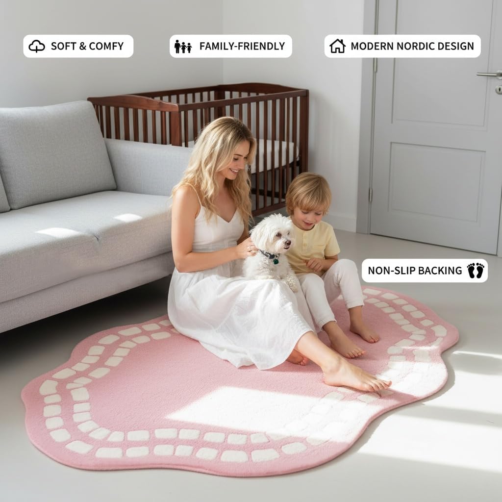 Irregular Shaped Rug 3x5 Minimalist Washable Non-Slip Area Rugs for Living Room Dining Room Bedroom Ultra Soft Faux Wool Nursery Playroom Carpet Lavender Purple Irregular Wavy Edge Throw Mat