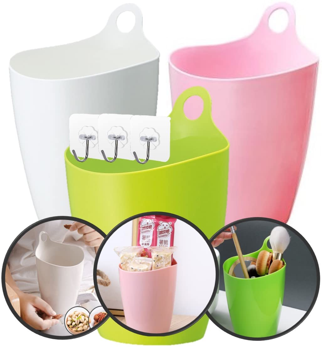 QUALIALL Declutter and Organize with Our Hangable Desktop Trashcan - Small, Multifunctional, and Stylish - Perfect for Makeup Brushes, Lint, and More! Plastic Pink Green White, 3packs