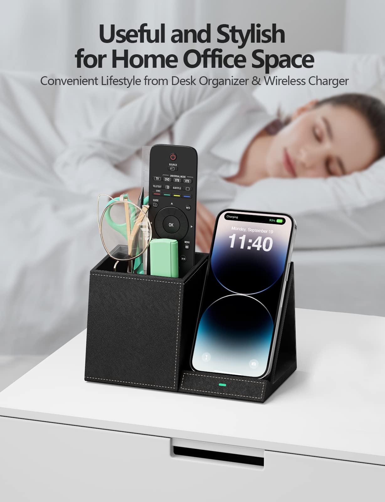 Desk Supplies Organizer, Multi-Functional Pencil Pen Holder with Wireless Charger, Desktop Stationery Organizer, Home Office Supply Storage Box Caddy (Black)