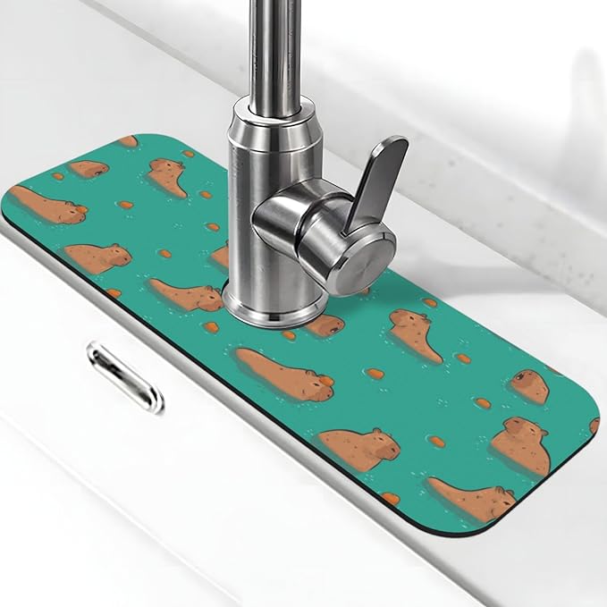Cute Capybara Play Eat Food Kitchen Sink Splash Guard Faucet Mat Super
