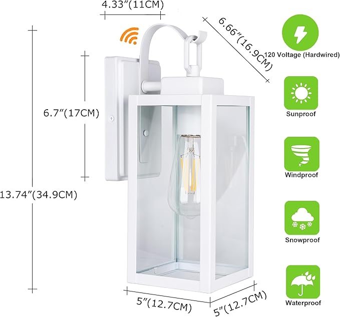 GRUENLICH Dusk to Dawn Outdoor Wall Lantern, Wall Sconce for Porch Lighting Fixture, E26 Base Max 60W, Metal Housing Plus Glass, White Finish, Bulb Not Included, 1-Pack