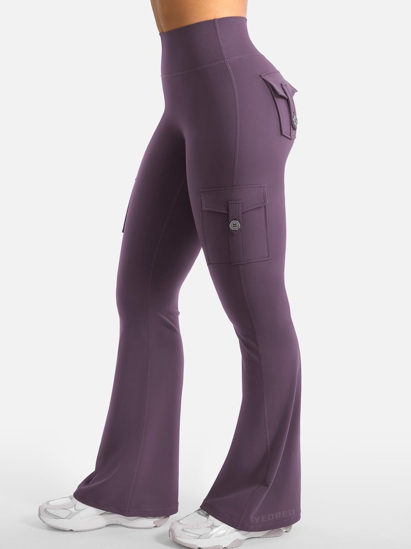 YEOREO CoreFlex Women Workout Flare Leggings with Pockets Hidden Scrunch High Waisted Cargo Gym Yoga Leggings Dark Berry L