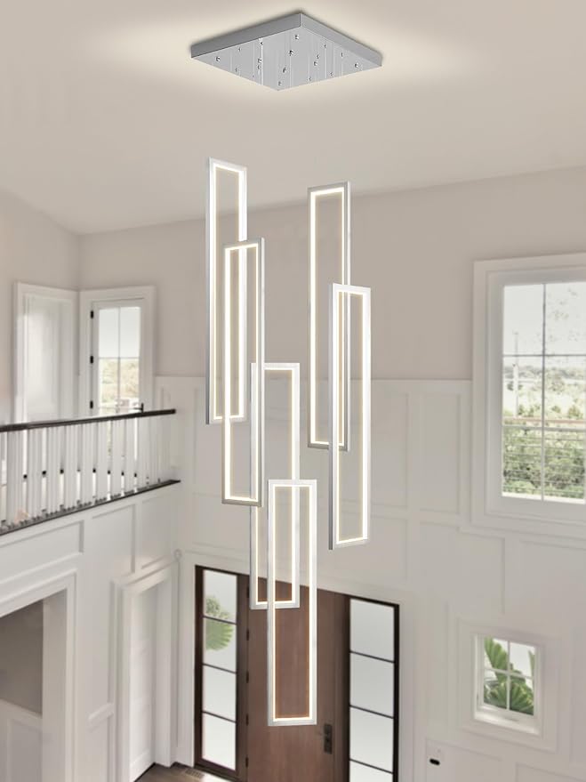 Flashing God Modern Chandelier,Silver Chandelier with 6 Ring Led Foyer Chandeliers,Larger High Ceiling Chandelier for Living Room,Square Chandelier for Entryway Staircase LED Dimming 2700k-6001k