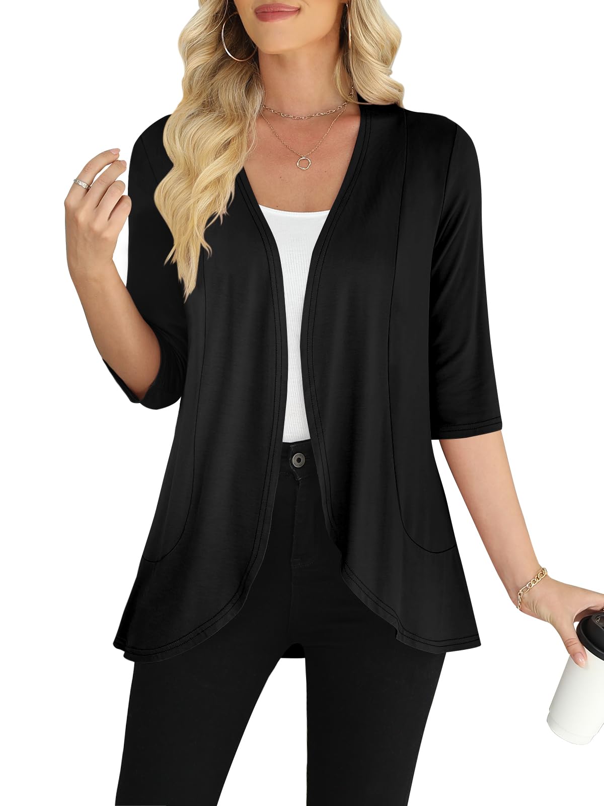 Yincro Women's 3/4 Sleeve Cardigan Casual Lightweight Soft Open Front Cardigans (Black, L)