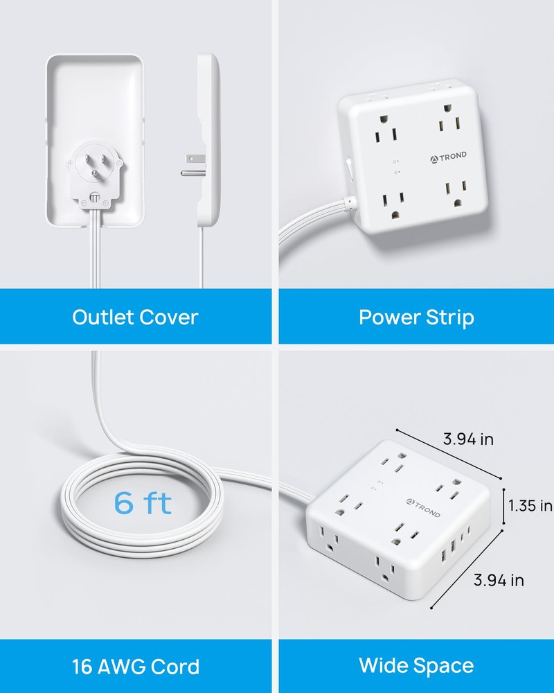 TROND Flat Outlet Cover Extender - 6FT Flat Extension Cord with 8 Outlet and 4 USB, Ultra-Thin Power Strip Cord Concealer with 1700 Surge Protector, Idea for Home Improvement to Hide TV Messy Cord