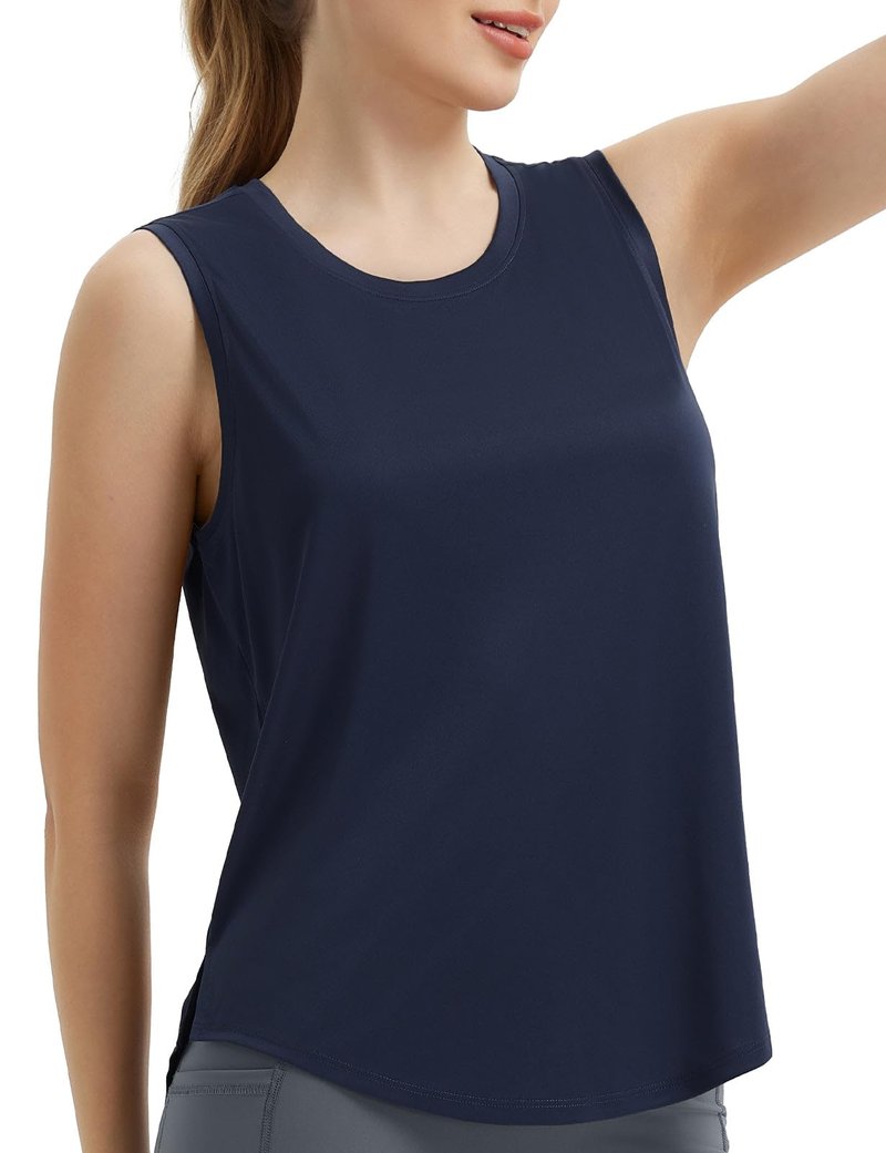 baleaf Women's Sleeveless Workout Tops Athletic Racerback Tank Top High Neck Yoga Running Shirts Loose Fit Gym Tennis Navy Blue M