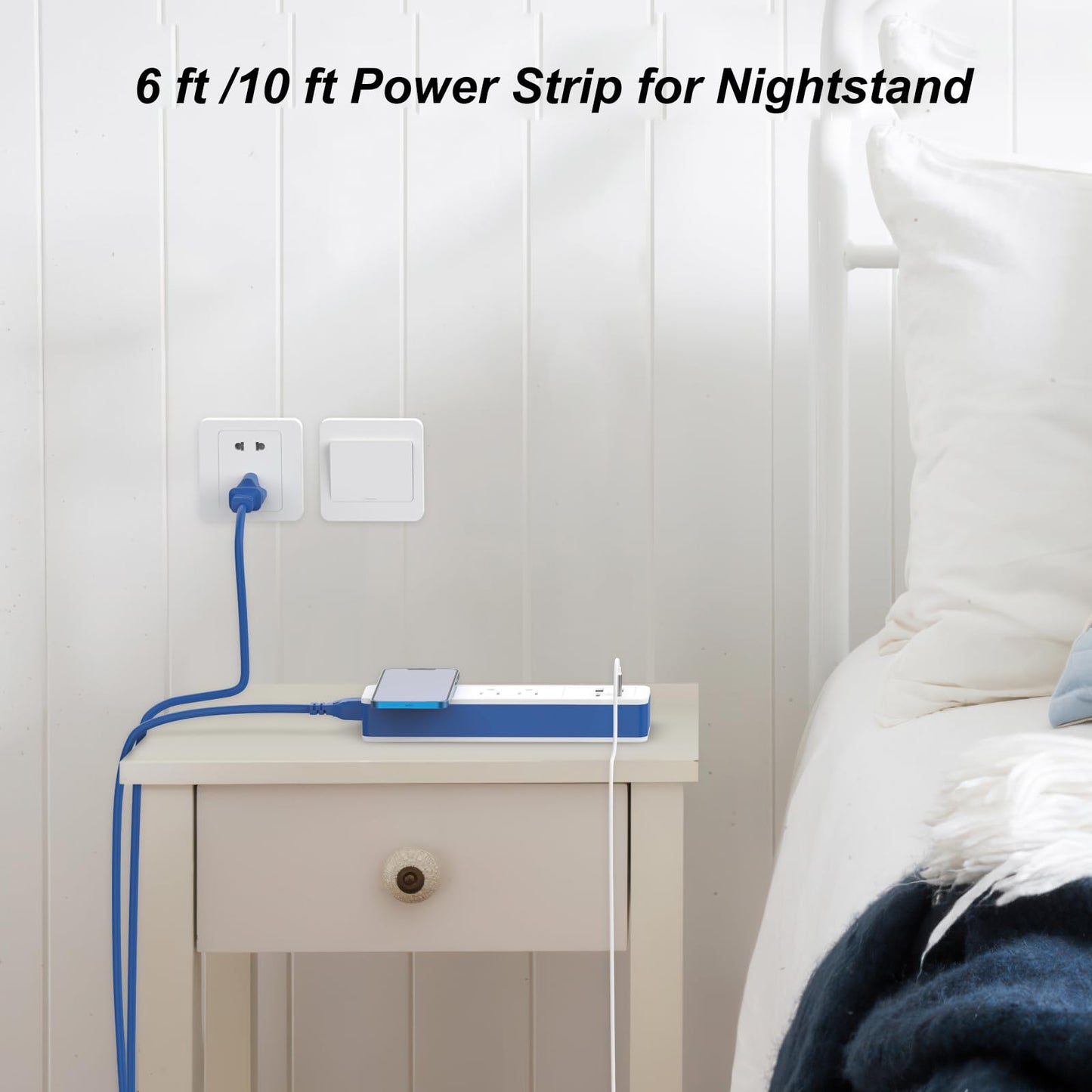 7-in-1 Wireless Fast Charge Power Strip with USB C, 2 USB-C Ports,2 AC Outlet,2 USB-A, Fast Charging Station for Nightstand Desktop Office Dorm,6 ft Ddetachable Extension Cord (Blue, 6 FT)