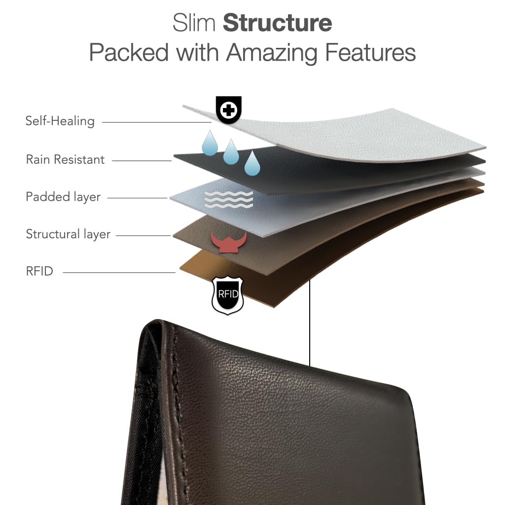 CardGear RFID Blocking Full Size Bifold Wallet with Self-Healing texture, 8 Slots, 1 Key Pocket, Cash Divider, and Large ID window, Come with Premium Gift Box (Vegan Leather, Dark Brown)