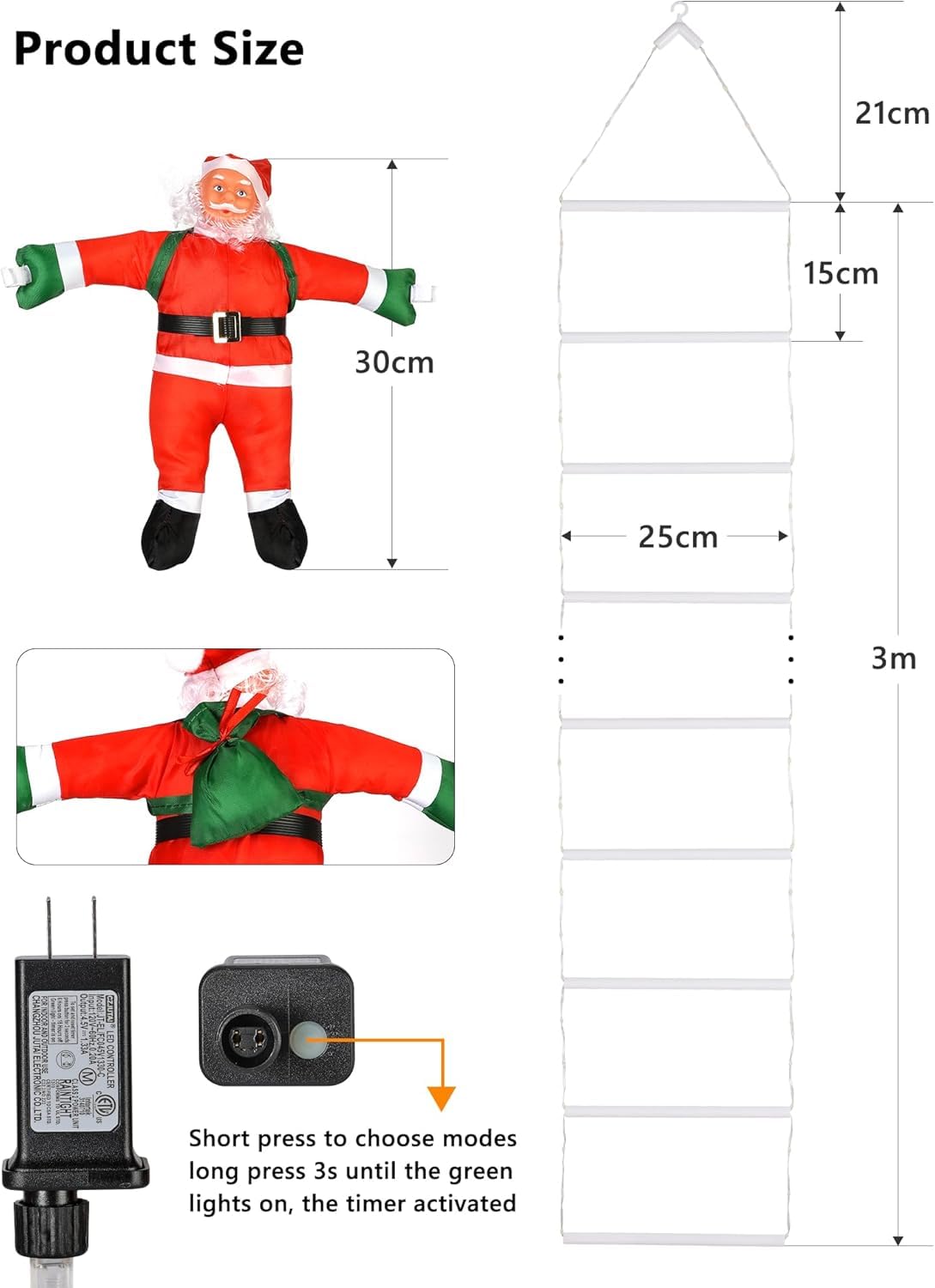 Christmas Decorations LED Ladder Lights with Climbing Santa Claus, 10ft Outdoor Christmas Decorative Light - 8 Modes Xmas Lights Tree for Home Holiday Wall Window Xmas Decor (Cool White)