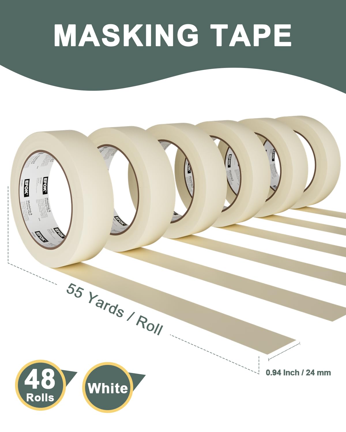 EFOK 48 Rolls Masking Tape 1 Inch Wide Bulk - 0.94 Inch x 55 Yards - Anti-UV White Professional Masking Tapes for General Purpose Painting - DIY Arts & Crafts No Residue