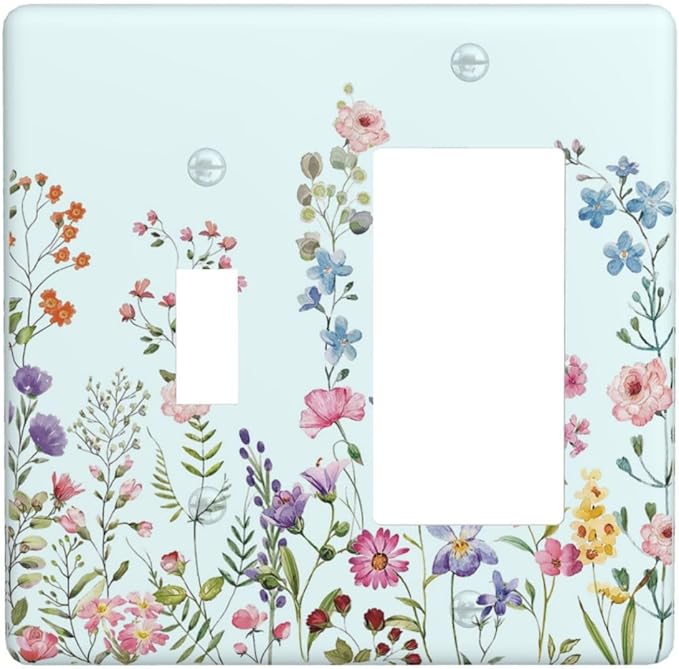 Rustic Wild Floral Vintage Blue Watercolor Flower 2 Gang Single Toggle Rocker Combination Light Switch Cover Unique Decorative Wall Plate Cover Electrical Faceplate Switchplate for Bedroom