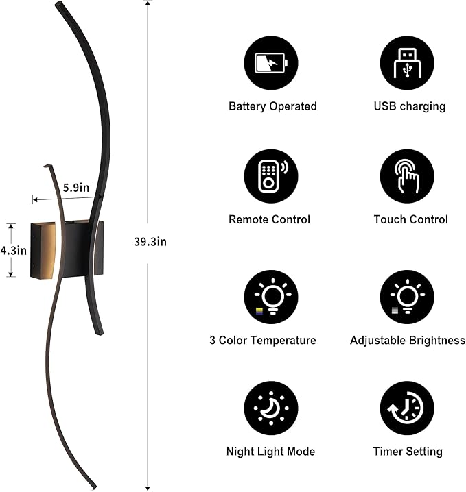 Battery Operated Wall Sconces with Remote Control, Stepless Colors 3000K-6000K & Dimming, LED Black Wireless Wall Light for Living Room, Hallway, Bedroom, 39.3 Inch (1 Pack)