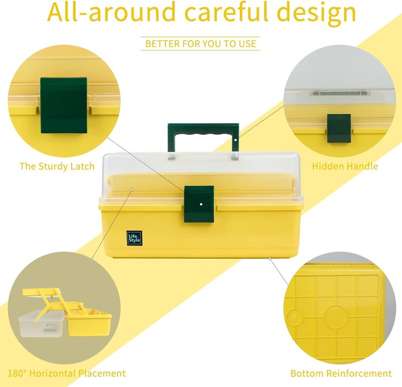 Art Craft Organizer Storage Box - 13-Inch 3-Layer Plastic Tool Box with Handle for Sewing, Art Supplies & Accessories | Yellow