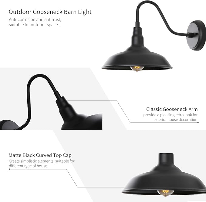 10in Black Gooseneck Barn Lights 4 Pack Farmhouse Barn Wall Mount Light Fixture Exterior Waterproof Industrial Porch Wall Sconce for Garage, Patio, Doorway, LM2201-4P