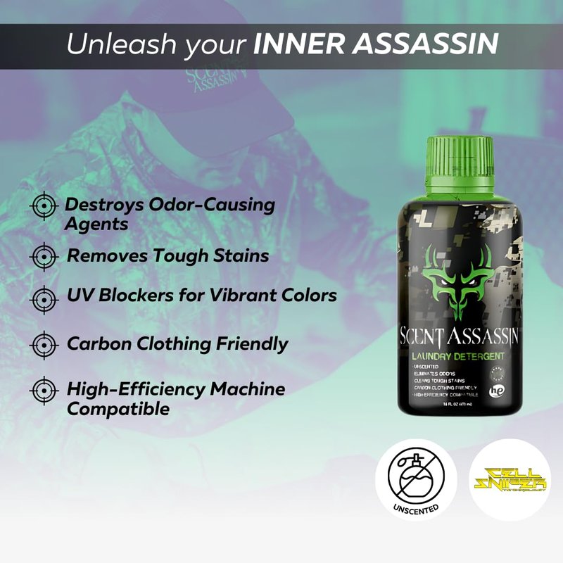 Scent Assassin Laundry Detergent - Unscented - 16oz - Scent Free Laundry Detergent - Hunting Detergent - Hunting Scent Eliminator - Scent Away for Hunting and Camping