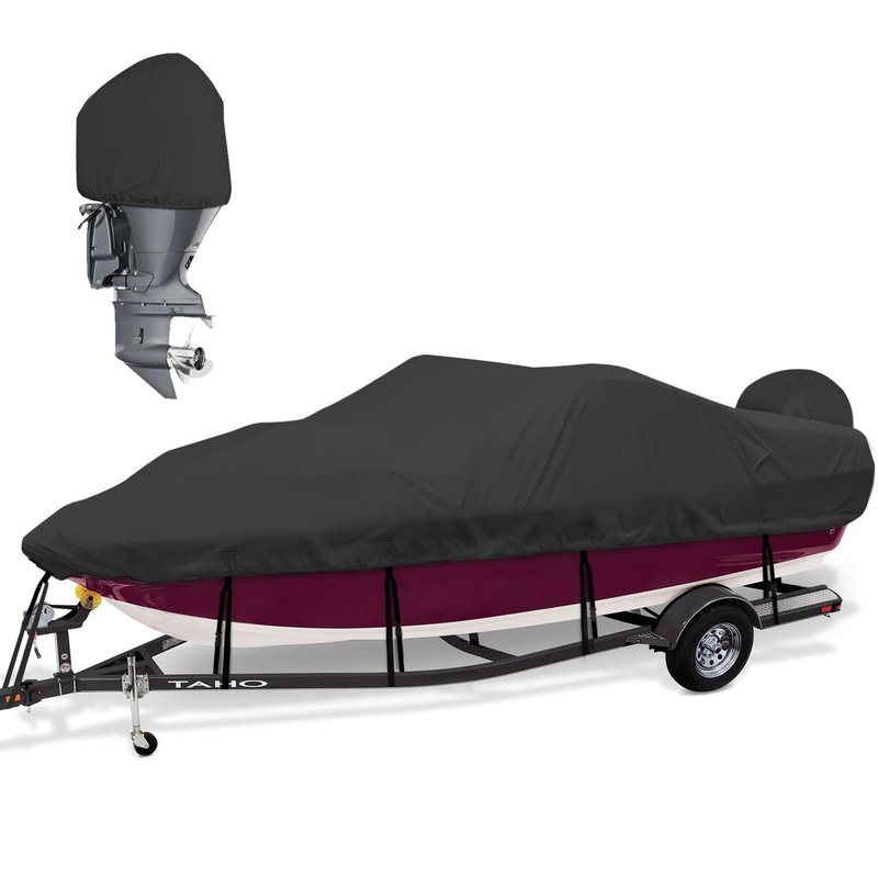 Mionovity Bass Boat Covers 17-19ft, 600D Heavy Duty Waterproof Boat Cover 17 18 19 Foot (17'-19' with Motor Cover), Fits V-Hull, Fishing, Runabout Bowrider Boat