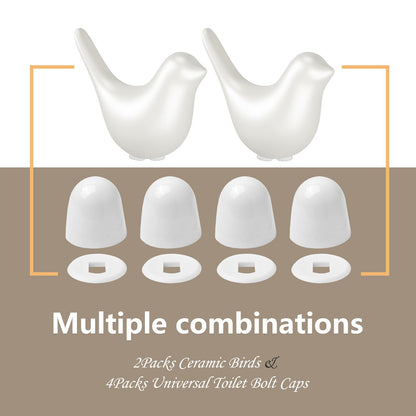 MENNTY 2Packs Ceramic White Birds Toilet Bolt Covers & 4Packs Universal Toilet Bolt Caps, Cute Bathroom Decorative Toilet Floor Screw Cover Caps Easy Installation