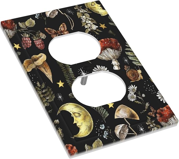 Nature Plant Botanical Daisy Mushroom Snails And Moon 1 Gang Duplex Receptacle Switch Wall Plate Decorative Switchplate Outlet Covers Electrical Plug Cover Faceplate for Home Decor