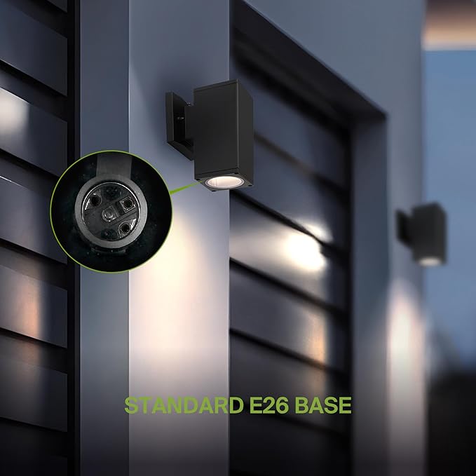 ASD 1 Light Square Dusk to Dawn Outdoor Wall Light Fixture | 60W E26 Socket 120V ETL Cylinder Up Down Lights | LED/CFL/Incandescent Bulb Exterior Wall Sconce | Front Door, Porch, Patio | Black, 2 Pack