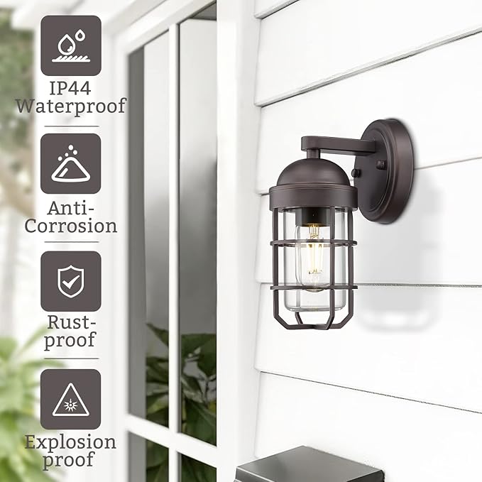 Emliviar Farmhouse Outdoor Wall Sconces, 2 Pack Vintage Exterior Light Fixtures with Nautical Metal Cage and Tempered Glass, Oil Rubbed Bronze Finish, GE255B-2PK ORB