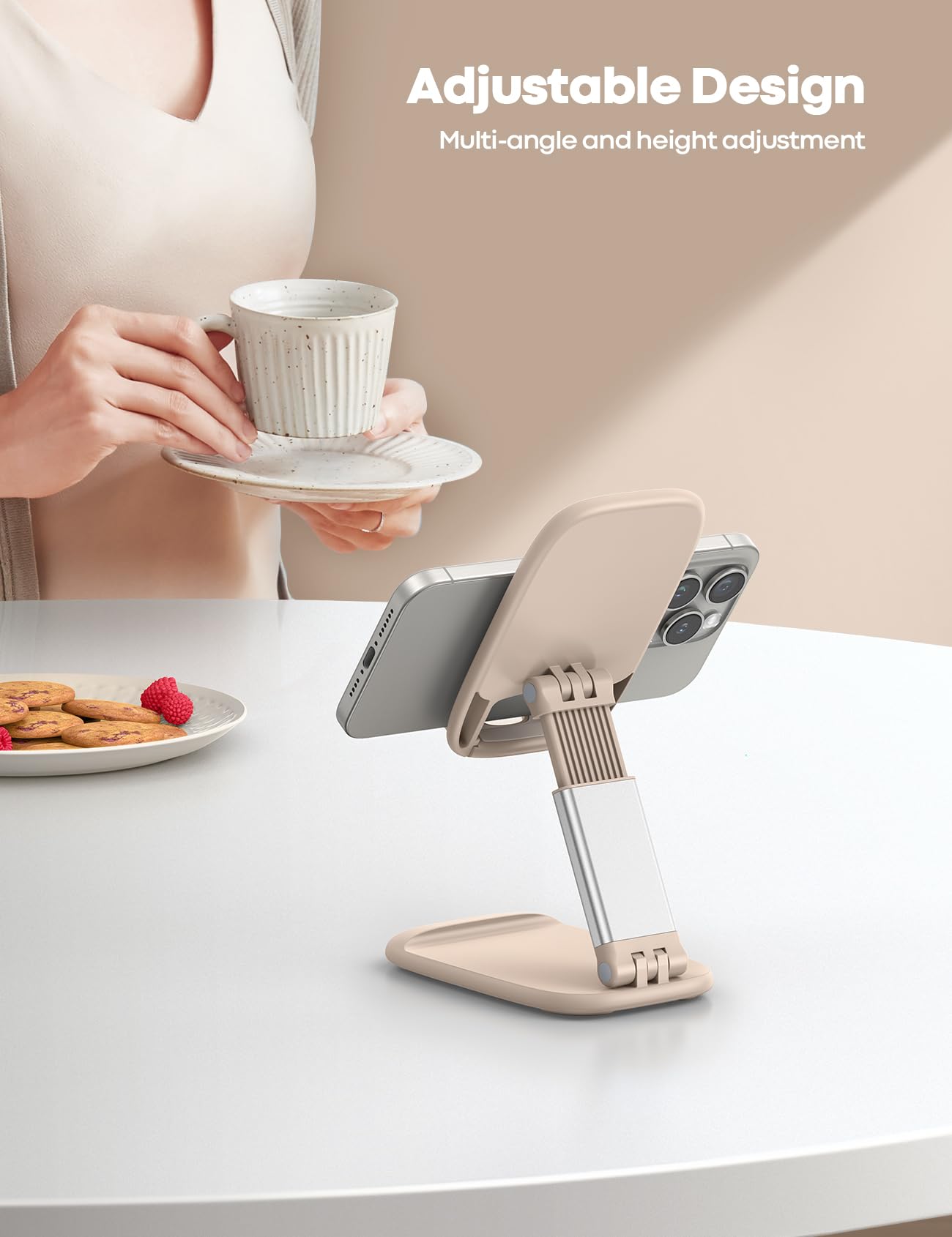 Lamicall Khaki Phone Holder for Desk - Cellphone Stand Khaki Desk Accessories Desktop Office Must Have Compatible Gifts for iPhone, 4-8'' Smartphone
