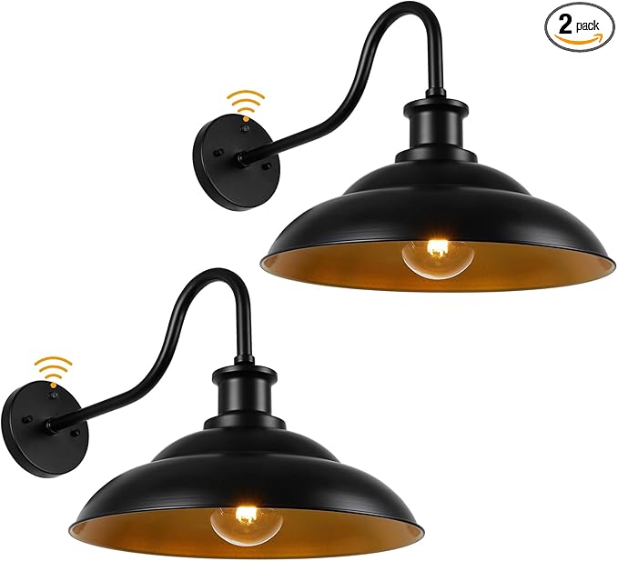 Dusk to Dawn Outdoor Gooseneck Barn Light Fixtures, 16 Inch Dome Large Wall Sconce Farmhouse Exterior Wall Mount Light for House Garage Patio Doorway, 2 Pack