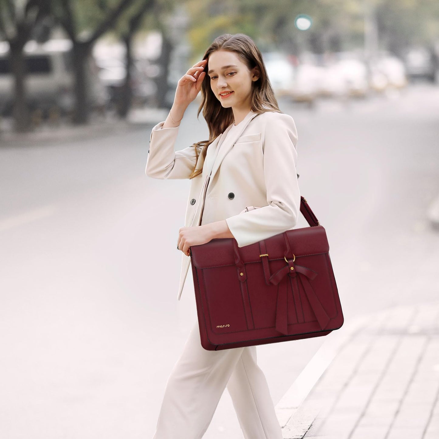 MOSISO Laptop Bag for Women, 15-15.6 inch PU Leather Laptop Shoulder Bags Convertible Backpack, 16 inch Messenger Bags Casual Handbag Work Briefcase Travel Computer Bag with Bowknot, Wine Red