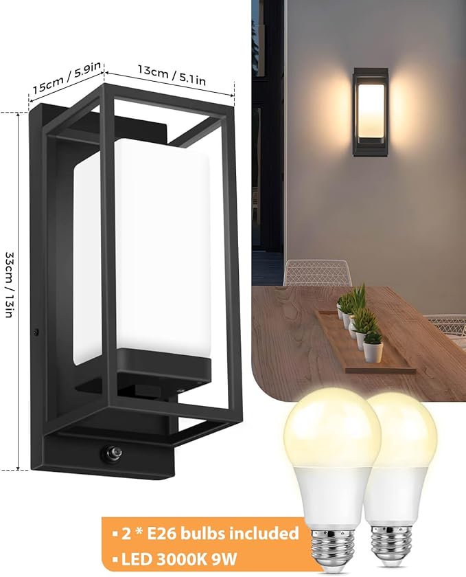 SHIMR Outdoor Wall Light with Dusk to Dawn Sensor, Black Exterior Lighting Fixtures with LED Bulb Included, E26 Base, Waterproof Outdoor Sconce Lights for Porch Garage Front Door, 2 Pack