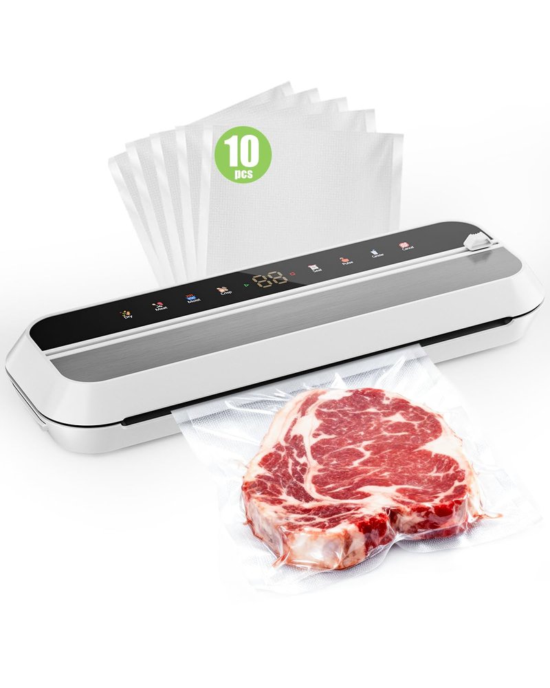 JIMYIU Vacuum Sealer, 8-in-1 Vacuum Sealer For Food, 100W, Digital Timer, Moist&Dry Mode and External VAC for Containers, Built-in Cutter & 10 Vacuum Bags （White）