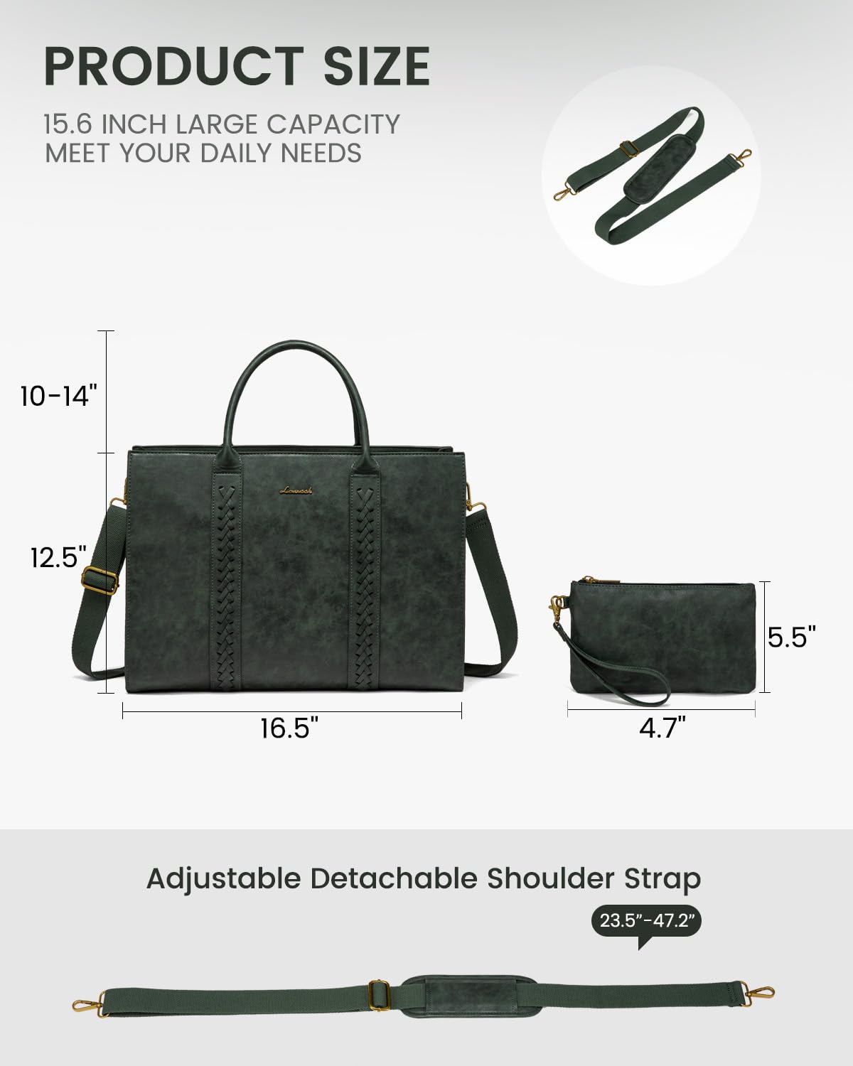 LOVEVOOK Laptop Tote Bag for Women, Vintage Leather Work Bags 15.6 inch Laptop Bag, Waterproof Computer Bag Business Office Briefcase, Green