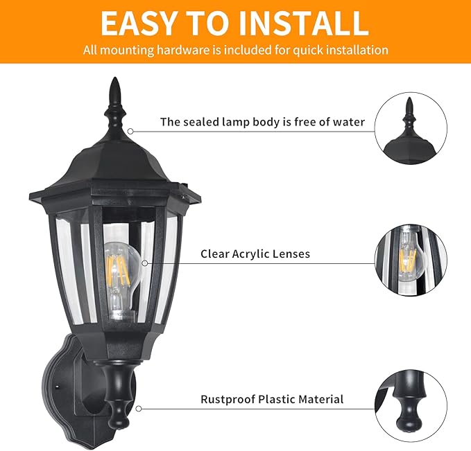 FUDESY 1-Pack 15 1/3" High Classic Outdoor Wall Lantern, 3000K Dimmable LED Edison Filament Bulb Included, Anti-Corrosion Plastic Materials, Black, FDS2542EB1