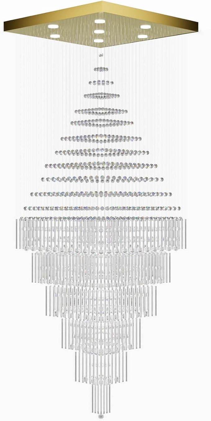 Flashing God D48''X H120'' Extra Large Chandeliers for High Ceilings Square Crystal Raindrop Gold Chandeliers Large Villa Chandelier Entrance Foyer Ceiling Light LED Dimmable 2700K-6000K