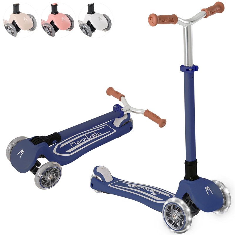 MomnLittle Kick Scooter for Kids Ages 3-10 (Navy) 3 Wheeled with LED Light-Up Wheels CPSC Certified Foldable and 4 Height Adjustable Toddler Scooters for Boys Girls