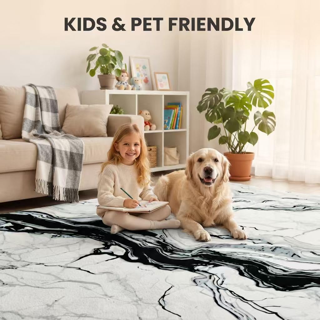 5x7 Modern Abstract Marble Pattern Liquid Style Rugs for Bedroom Living Dining Room Hallway Nursery Home Office Dorm Black White Light Teal Area Rug Machine Washable Durable Pet Friendly Carpet