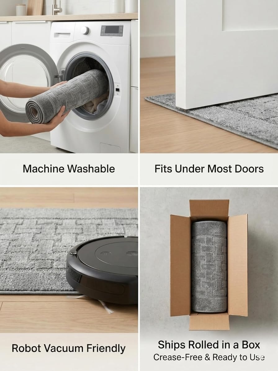 Runner Rug 12 ft, Non-Slip Washable Rug, Grey Textured Carpet for Kitchen Hallway Entryway, Rubber Backing, Indoor, Rolled in Box (26" x 12'), Custom Size Floor Runner