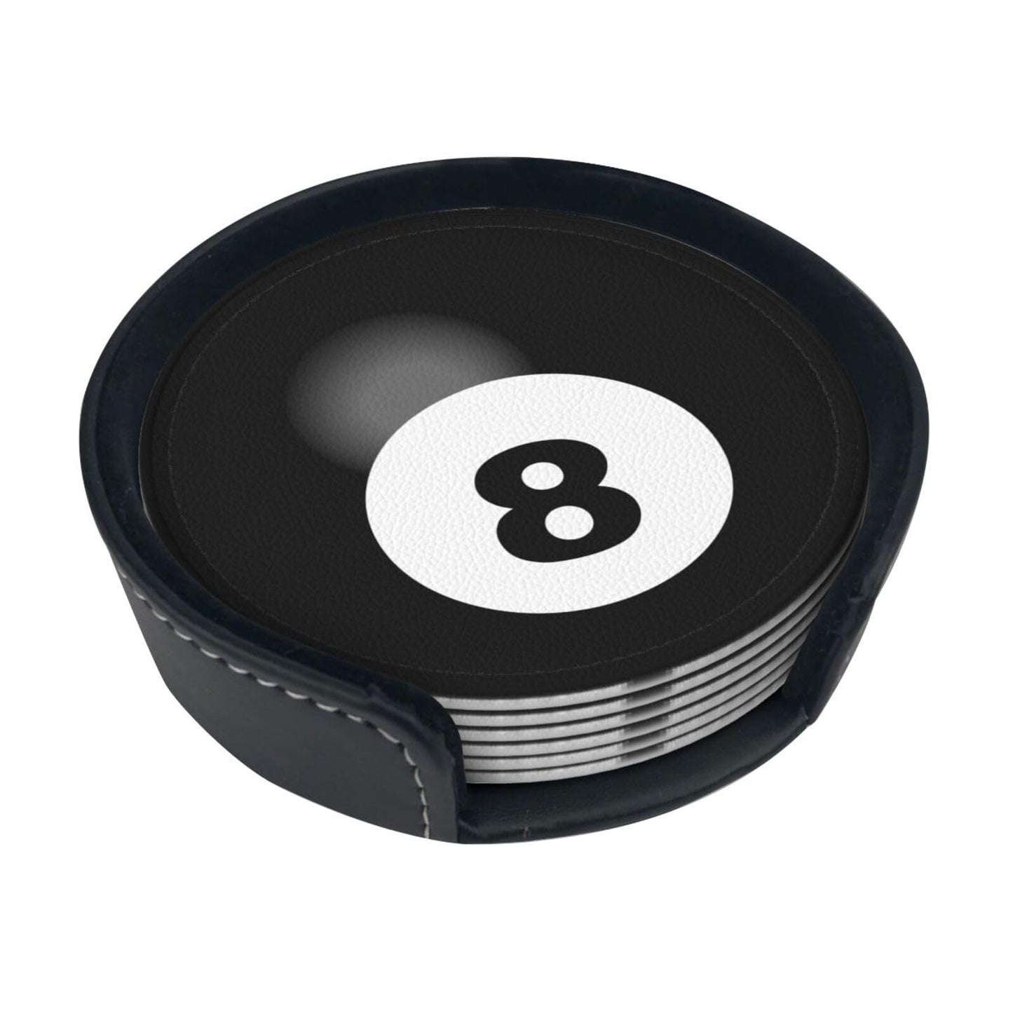 BOXIMIAO Drink Coasters with Holder Stand Set of 6, Billiard Ball Black 8 Pu Leather Absorbent Coasters with Cork Base Table Coaster Round Coasters for Housewarming Apartment Kitchen Bar Decor