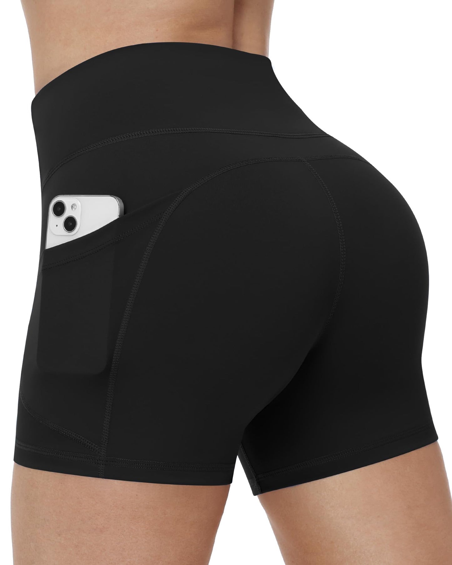 Runhit Biker Shorts Women No Front Seam Spandex Yoga Workout Gym Volleyball Running High Waisted Tummy Control Soft Compression Pockets 4" Black XS