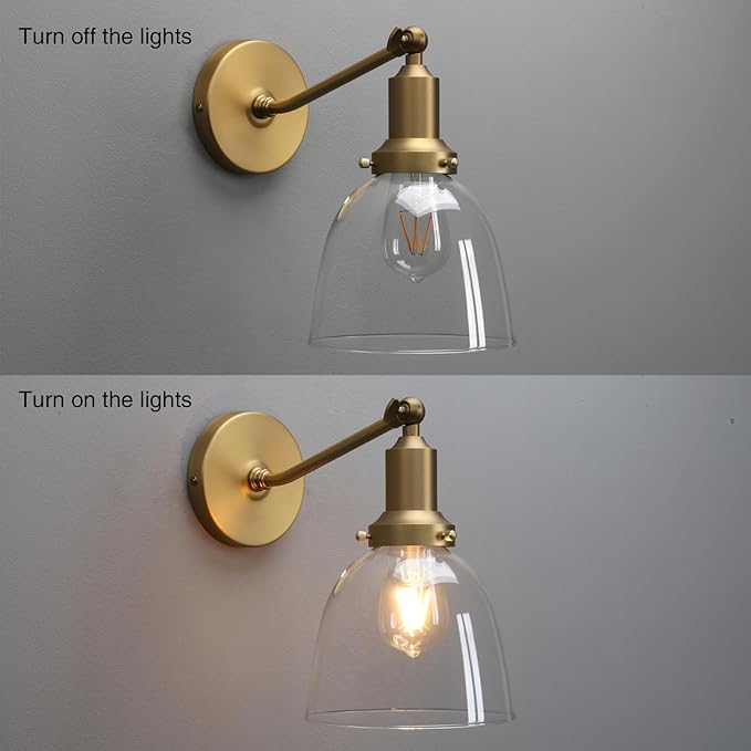 PERMO Industrial Vintage Slope Pole Wall Mount Single Sconce with 6.7" Oval Dome Clear Glass Shade Antique Gold Wall Sconce Light Fixture