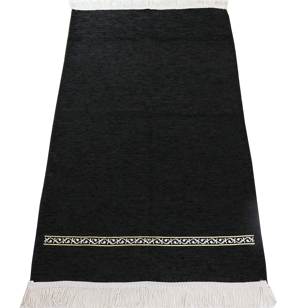 Modefa Turkish Islamic Prayer Rug - Chenille Praying Mat Sajada for Men and Women - Traditional Muslim Praying Carpet Janamaz - Ramadan or Eid Gift - Luxury Woven Meccan (Black Simple)