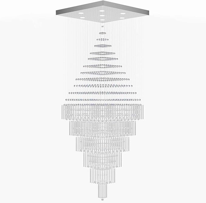 Flashing God D48''X H120'' Large Crystal Chandeliers for High Ceiling Square Crystal Raindrop Chandelier, Foyer Long Lighting Fixtures for Foyer Entryway Villa Silver ﻿