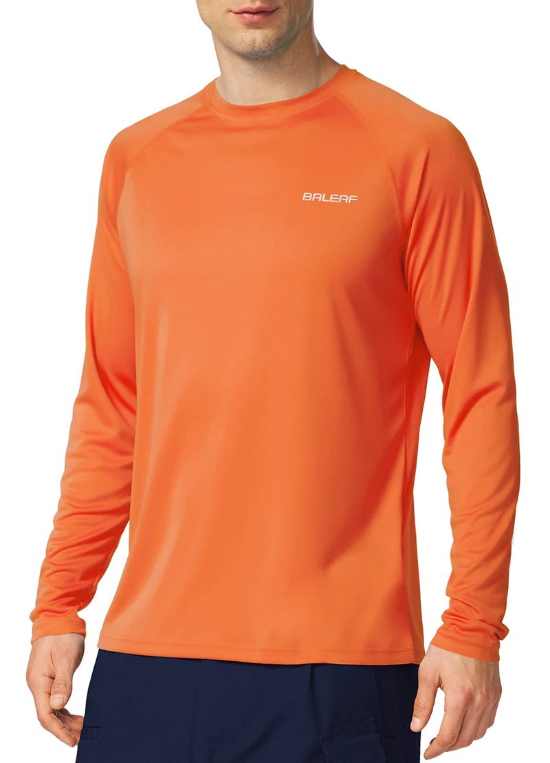 baleaf Mens UPF 50+ Sun Protection Shirts Long Sleeve Rash Guard, Quick Dry 4-Way Stretch for Fishing Swimming Surfing 01-Orange 2XL