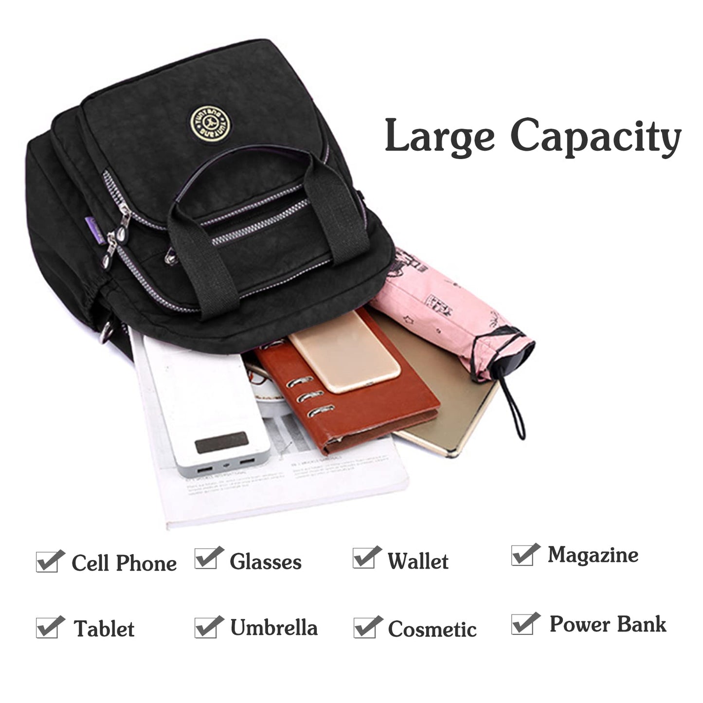 PORRASSO Casual Backpack Women Shoulder Bag Ladies Crossbody Bag Nylon Handbag Girl Daypack for Work Travel Daily Use, Black, L, Daypack Backpacks