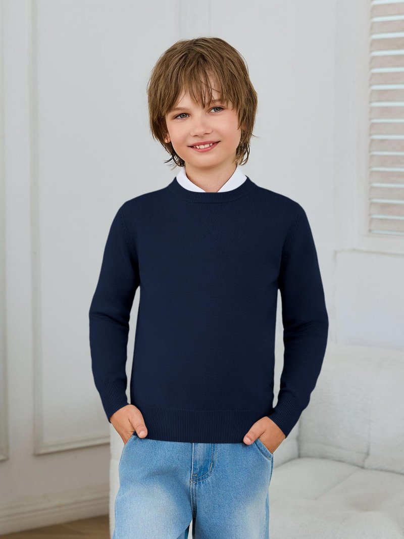 Haloumoning Boys Sweater Kids Casual Crewneck Long Sleeve Pullover Tops Fall Fashion Clothes 5-14 Years Navy Blue